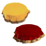 Dulhan 2 pcs Round Golden Border Plain Velvet 20 inch Thali Cover for Women Pooja, Maroon & Yellow Thaalposh/Puja aasan Cloth fo