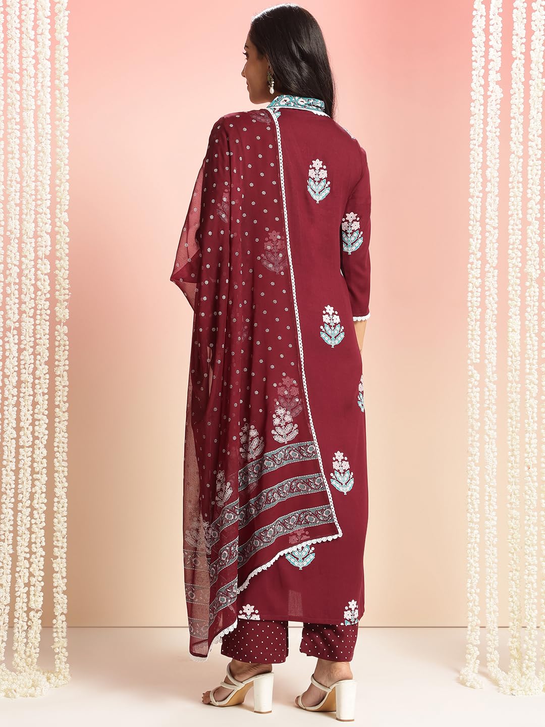 Anni Designer Women'S Rayon Viscose Printed Straight Kurta With Pant & Dupatta (Belagavi Wine-Vks05_Xl_Wine_X-Large),Wine,XL,Rayon,Regular,