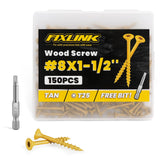 Wood Screws 1-1/2 Inch, FIXLINK Deck Screws #8 x 1-1/2, 150 PCS, Epoxy Coated, T25 Star Bit Above 1500 Hour Salt Spray Coating O