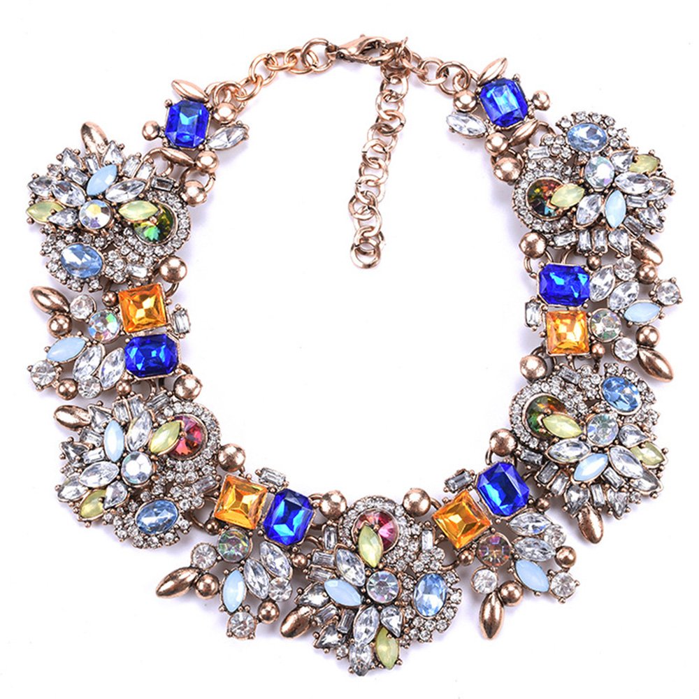 Zthread Bib Statement Necklace Colorful Glass Crystal Collar Choker Necklace for Women Fashion Accessories (Blue+Green)