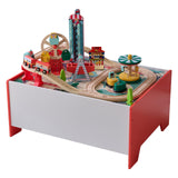 Teamson Kids Wooden Train Table - Carnival-Themed Amusement Park Playset with Ferris Wheel, Carousel & Train Track - Interactive