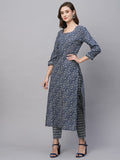 Anni Designer Women'S Cotton Blend Straight Printed Kurta With Pant (Yami Blue_M_Blue_Medium),Blue,M,Cotton Blend,Regular,Kurta