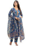 Anni Designer Women'S Cotton Blend Printed Straight Kurta With Pant & Dupatta (Jdp Blue_S_Blue_Small),Blue,S