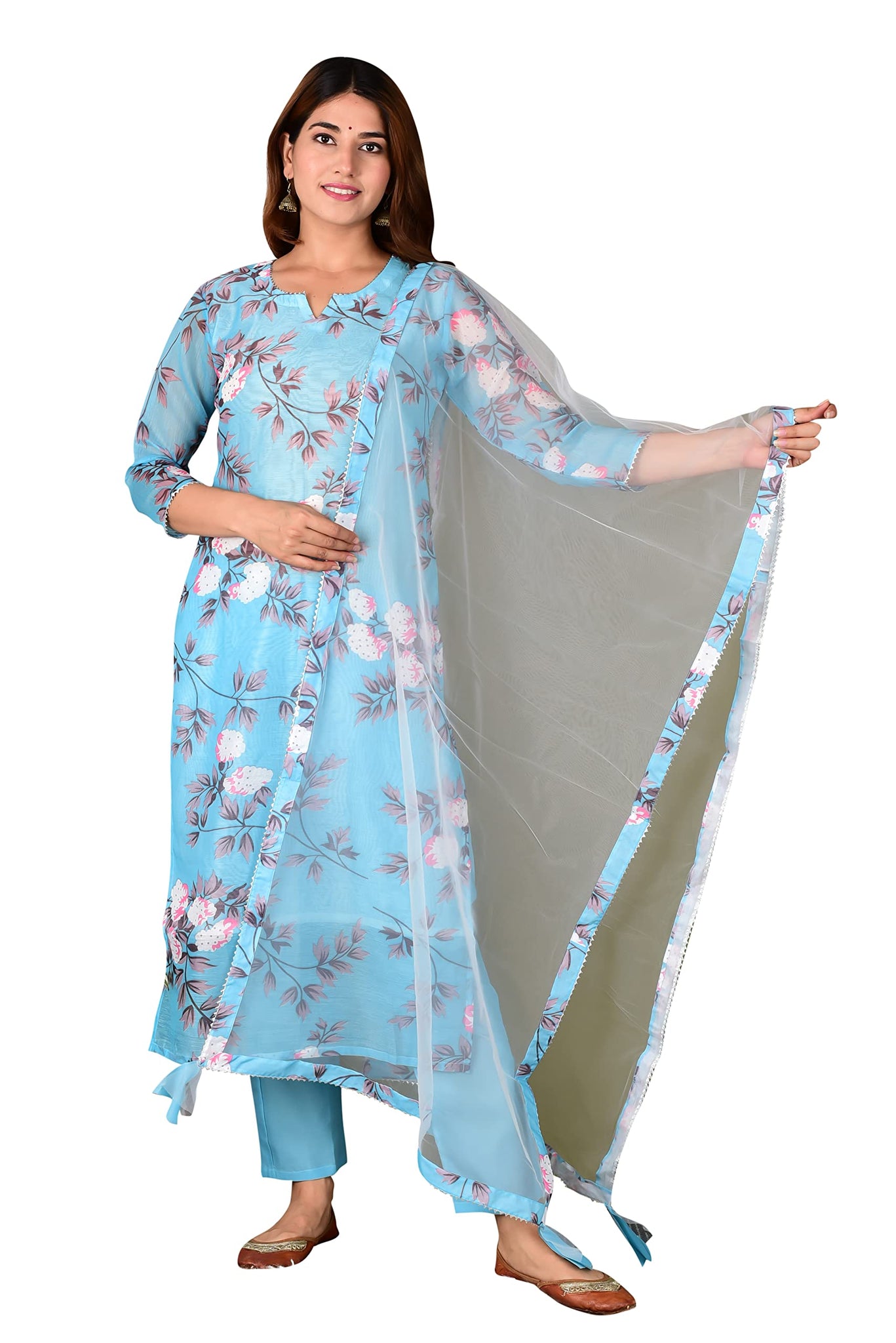 Anni Designer Women'S Cotton Blend Printed Straight Kurta With Pant & Dupatta (Itta New Blue_M_Blue_Medium),Blue,M