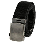 Canvas Web Belt Military Style Antique Silver Buckle/Tip Solid Color 50 Long (Black Color)