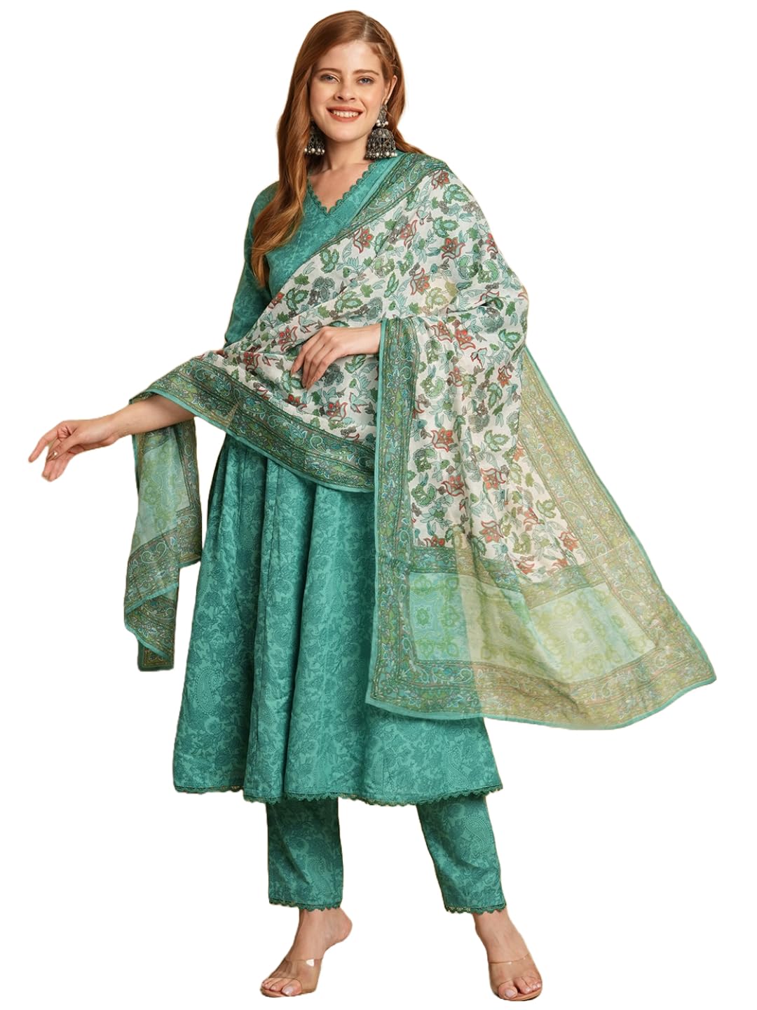 Anni Designer Women'S Cotton Blend Anarkali Solid Kurta With Pant & Dupatta (Utsav Green_Xl_Green_X-Large),Green,XL