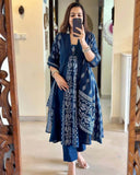 Gosriki Women'S Rayon Viscose Printed Anarkali Kurta With Pant & Dupatta (Jarry Blue-Vks01-Gs_M_Blue_Medium),Blue,,B0DVPNX6Q2