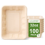 [100 COUNT]Harvest Pack 32 oz PFAS FREE Disposable Food Trays, 8.49 x 6.45 x 1.86Compostable Food Container Bagasse Serving Tray