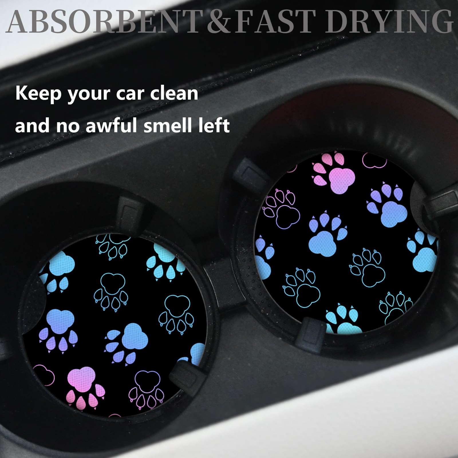Absorbent Car Coasters for Cup Holders, 2 Pack Universal Neoprene Car Coasters with Finger Slot, Auto Accessories for Women & Me