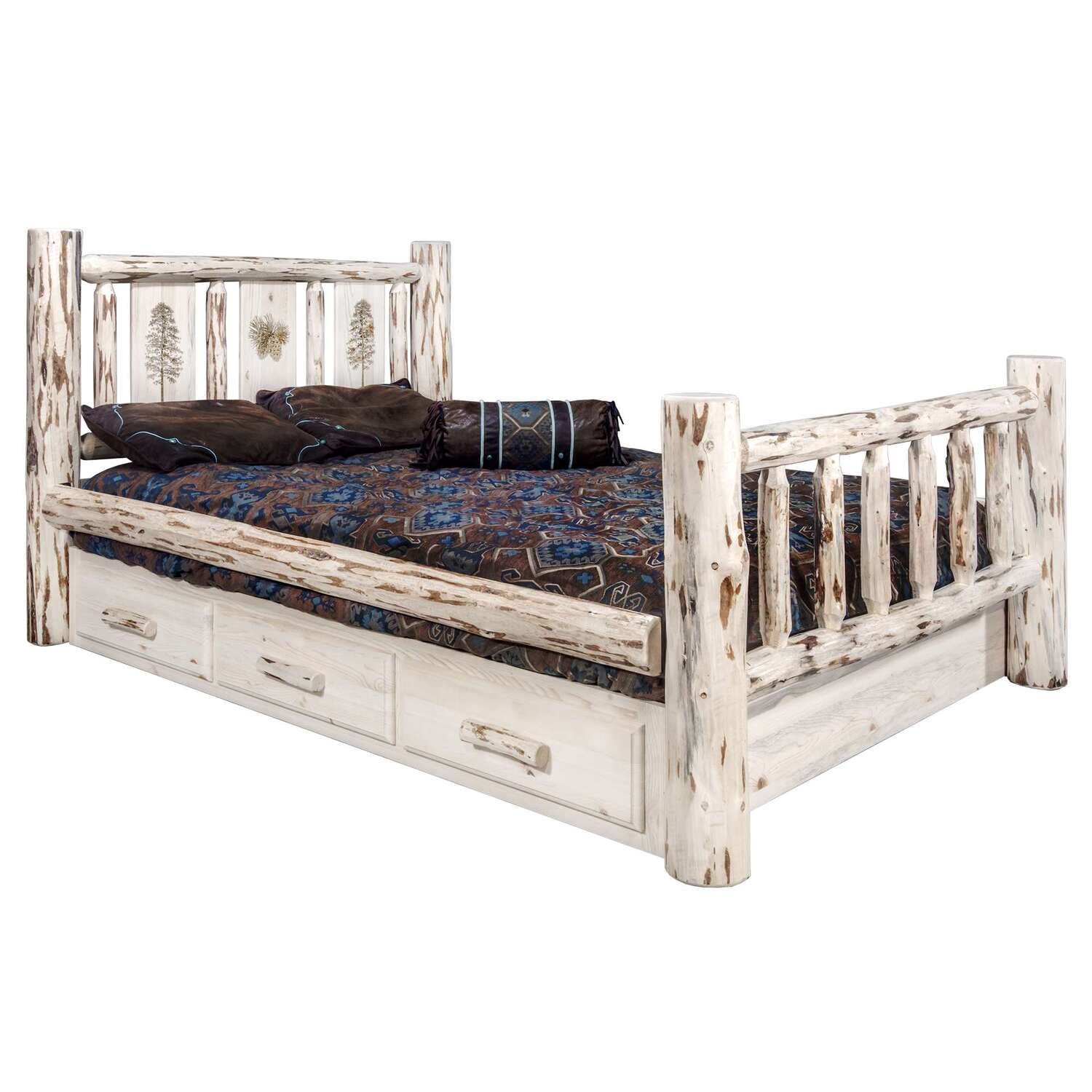 Montana Woodworks Pine Design Laser Engraved Storage Bed (Queen: 94 In. L X 66 In. W X 47 In. H (345 Lbs.))
