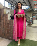 Anni Designer Women'S Rayon Viscose Straight Printed Kurta With Pant & Dupatta (June Pink_S_Pink_Small),Pink,S,,,