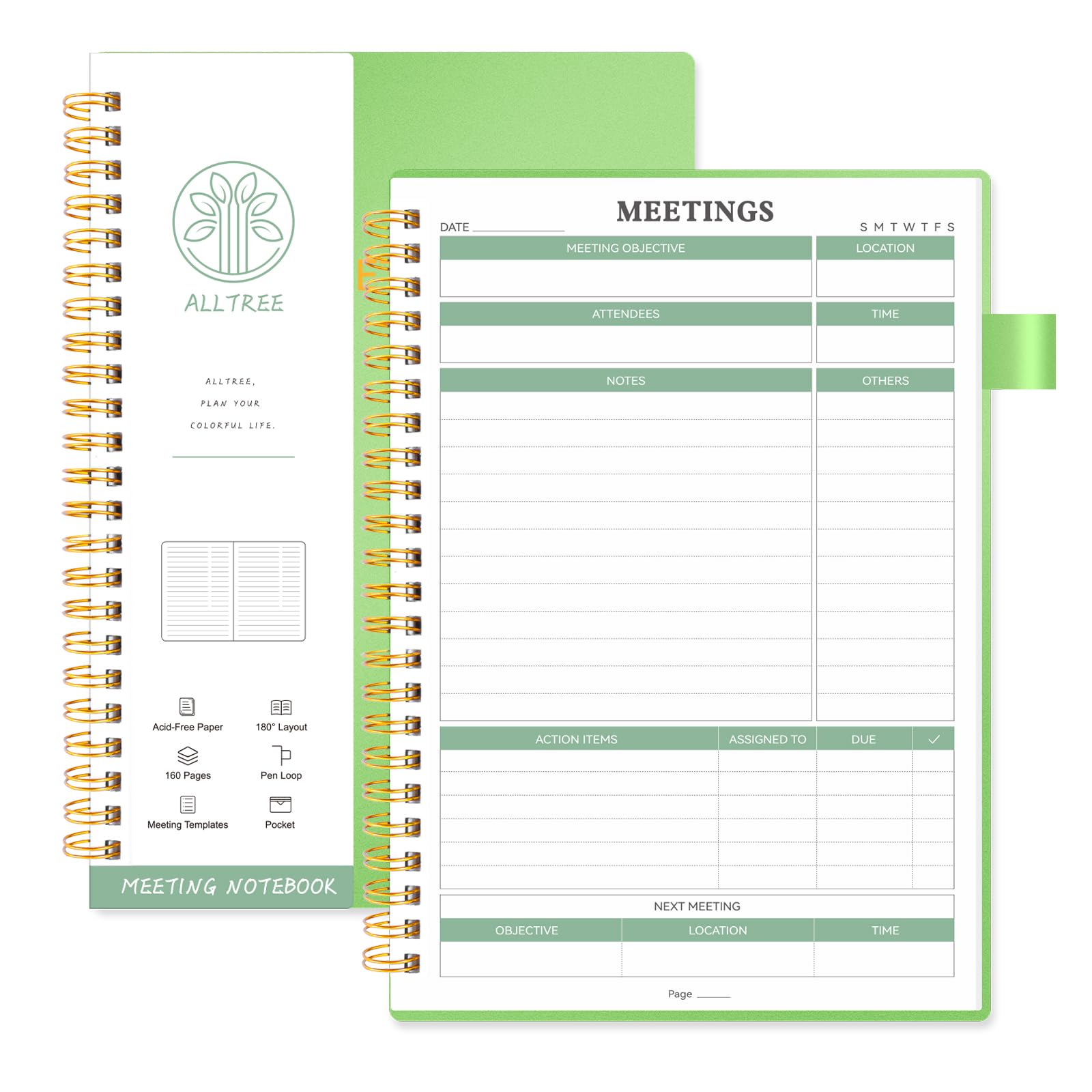 Alltree Meeting Notebook For Work, Project Planner Notebook With Action Items, Project Management Planner, Meeting Notes Notebook For Work, Track Attendees, Agenda And Notes, Green, 5.5'X8.5',Planners