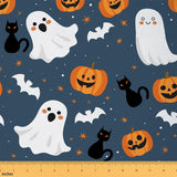 Cute Ghost Fabric by The Yard,Orange Pumpkin Lanterns Upholstery Fabric,Happy Halloween Theme Decorative Fabric Sofa Chair,Navy 