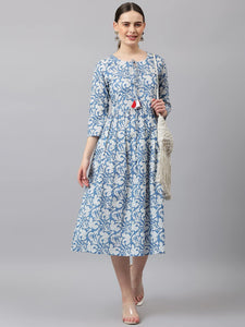 Anni Designer Women'S Cotton Blend Anarkali Printed Kurta (Fulkali New Blue_L_Blue_Large),Blue,L,Cotton Blend,Anarkali,kurta