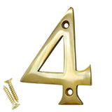 RCH Hardware 2274PB075 | Solid Brass 3 Tall House Number 4, Polished Brass Shiny Gold Matching Screws Included
