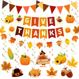 Tiamon 63 Pcs Thanksgiving Decorations Give Thanks Banner Fall Leaf Garland Turkey Pumpkin Hanging Swirls Decor Triangular Bunti