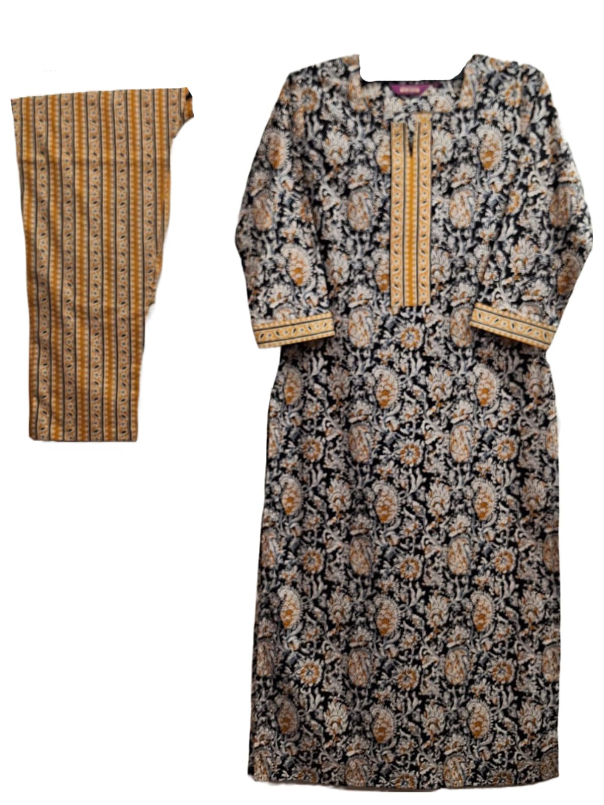 Gosriki Women'S Cotton Blend Printed Straight Kurta With Pant (Kalam Black-Kds-Gs_Xl_Black_X-Large),Black,,B0CBPPT345