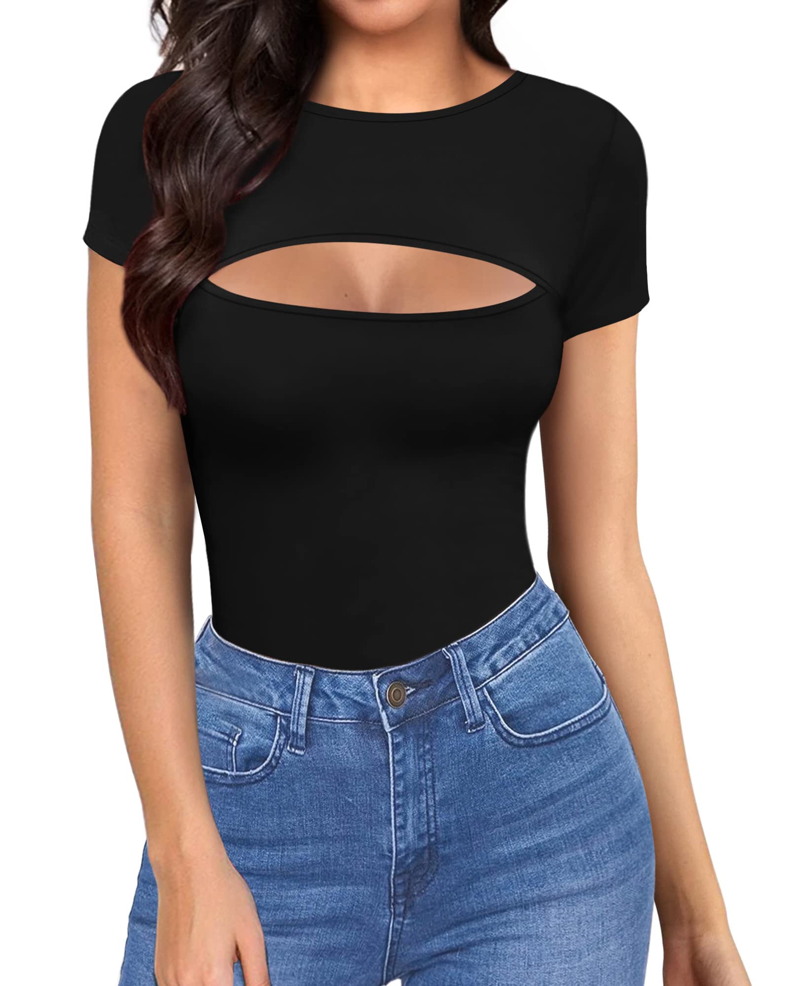 ALgALAROUND Womens cutout Tops Basic Long SleeveShort Sleeve Round Neck Slim Fit T-Shirts (B Short Sleeve Black, Large)