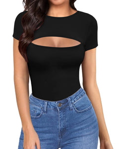 ALgALAROUND Womens cutout Tops Basic Long SleeveShort Sleeve Round Neck Slim Fit T-Shirts (B Short Sleeve Black, Large)