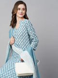 Anni Designer Women'S Cotton Blend Straight Printed Kurta With Pant & Dupatta (Sadhna Blue_Xl_Blue_X-Large),Blue,XL,,,