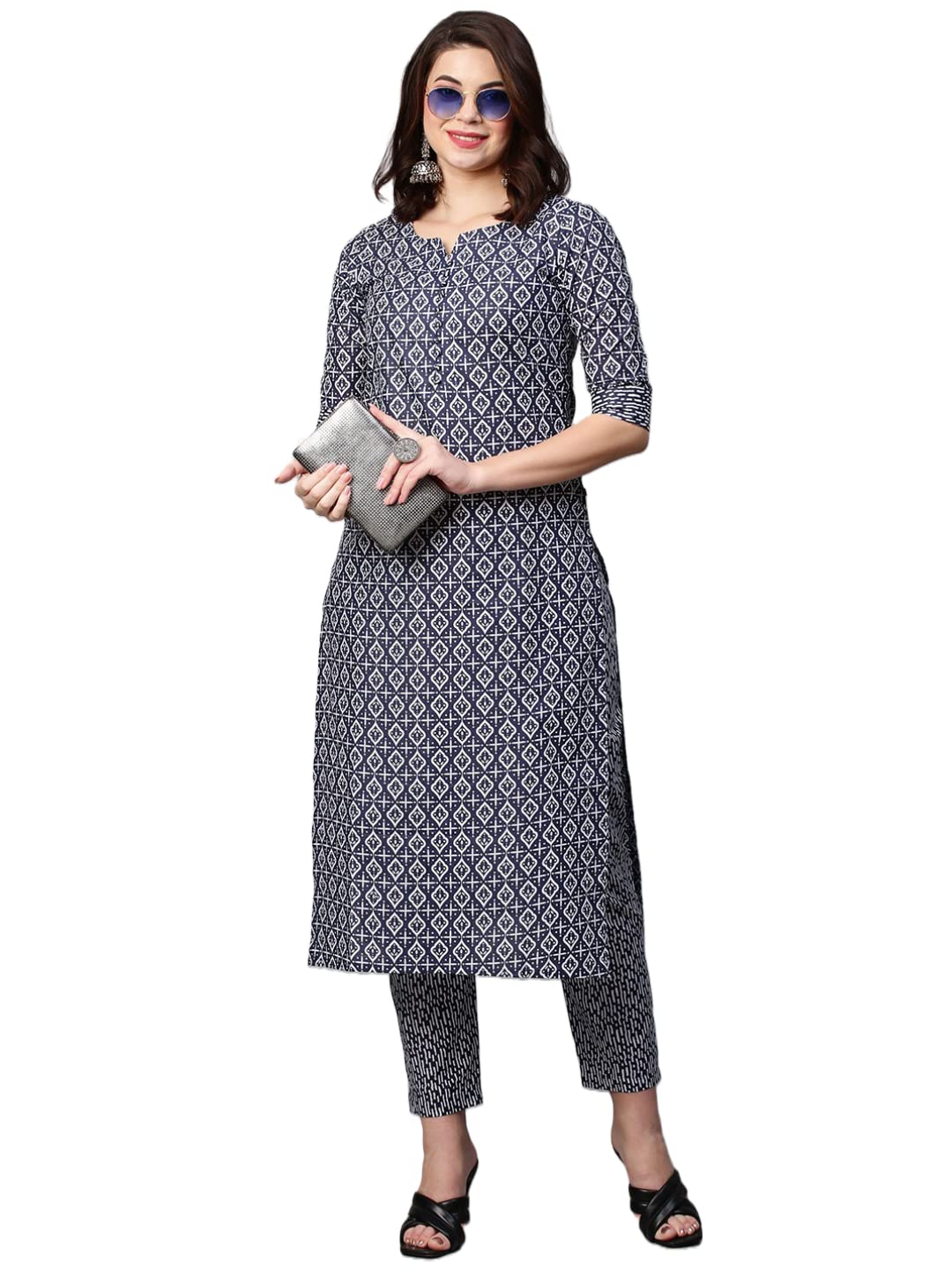Gosriki Women'S Cotton Blend Printed Straight Kurta With Pant (Thaya Blue-Nwfb08-Gs_Xl_Blue_X-Large),Navy Blue,,B0BTJ554LZ