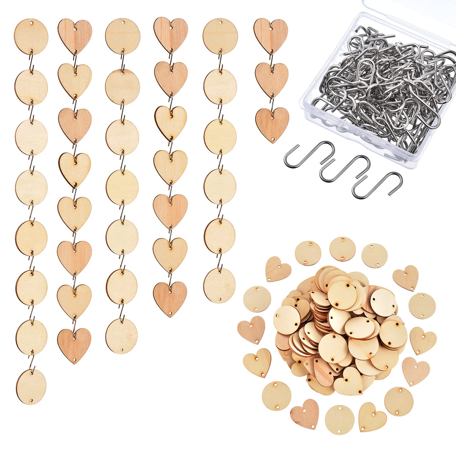 Hicarer 240 Pcs Wooden Circle Set 120 Pcs Wooden Heart Round Tags with Holes 120 Pcs S Shaped Hook Connectors Wood Ornaments for