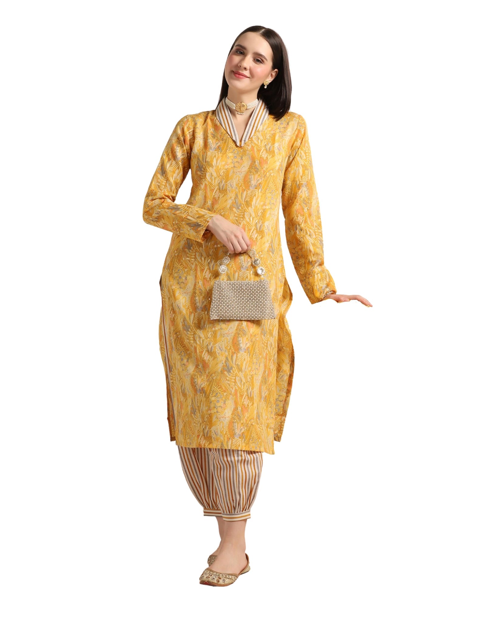 Leriya Fashion Cotton Blend Floral Foil Printed Indian Ethnic Kurta with Pant Set for Women Fancy Patiyala Pant Set for Traditio