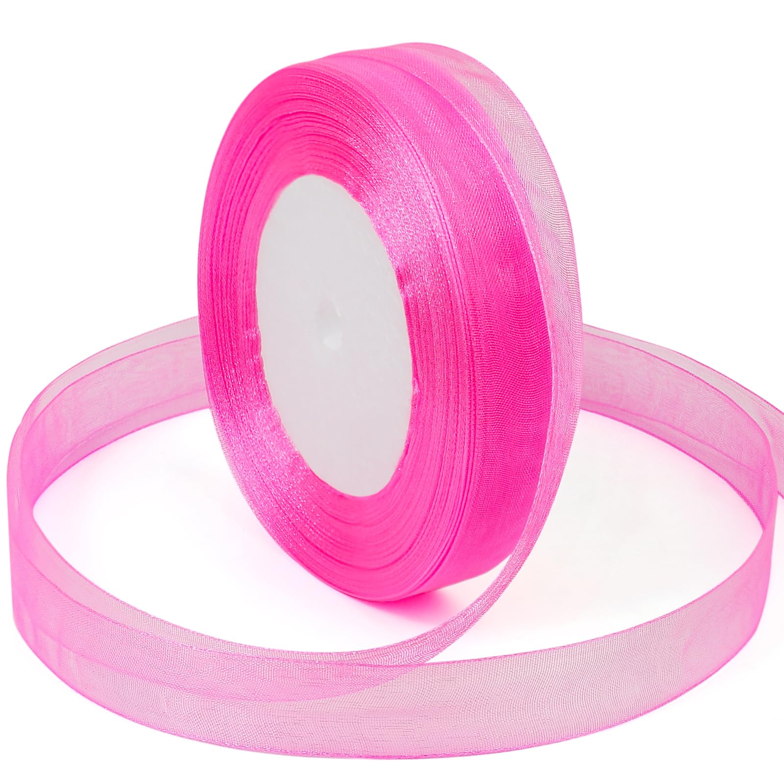 Pink Ribbon for Gift Wrapping, 5/8 inch 50Yard Sheer Organza Tulle Ribbon for Christmas Gifts Wrap, Hot Pink Chiffon Ribbons for