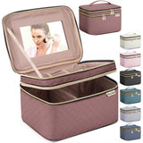 HXLGMD Large Makeup Bag with Mirror Double Layer Travel Make Up Organizer Case, Large Capacity Coemetic Bag with Brush Slot Divi
