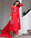 Anni Designer Women'S Chanderi Cotton Straight Printed Kurta With Pant & Dupatta (Guni Red-Nw_S_Red_Small),Red,S,Chanderi,Regular,Kurta, Pant & Dupatta