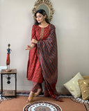 Anni Designer Women'S Cotton Blend Straight Printed Kurta With Pant & Dupatta (Sahdev-Red_M_Red_Medium),Red,M,Cotton Blend,Regular,