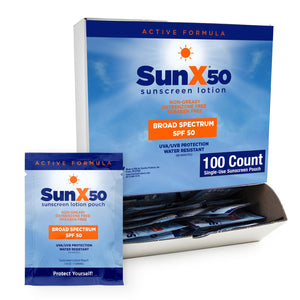 CoreTex Sun X 50 SPF Individual Sunscreen Packets Travel Size (100ct.) - Paraben, Oxybenzone, & Octinoxate Free - Oil Free, Broa