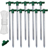 ABCCANOPY 15 Inch Tent Stakes 10 Pcs Non-Rust Metal Ground Anchors, Heavy Duty Spikes with 4 Ropes for Outdoor Camping, Green