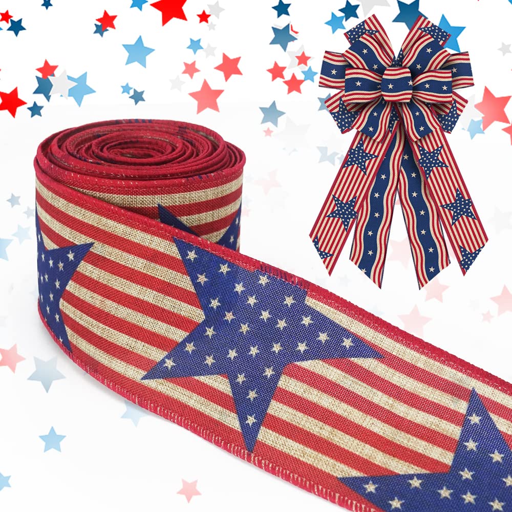 Threetols Patriotic Wired Edge Ribbons 2.5 10 Yards, Veterans Day Linen Red Blue Wired Ribbon Patriotic Star Fabric Craft Ribbon