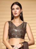 Oomph! Readymade Blouse For Women, Brocade, Sleeveless, V-Neck, Rbbl701 Copper Brown L