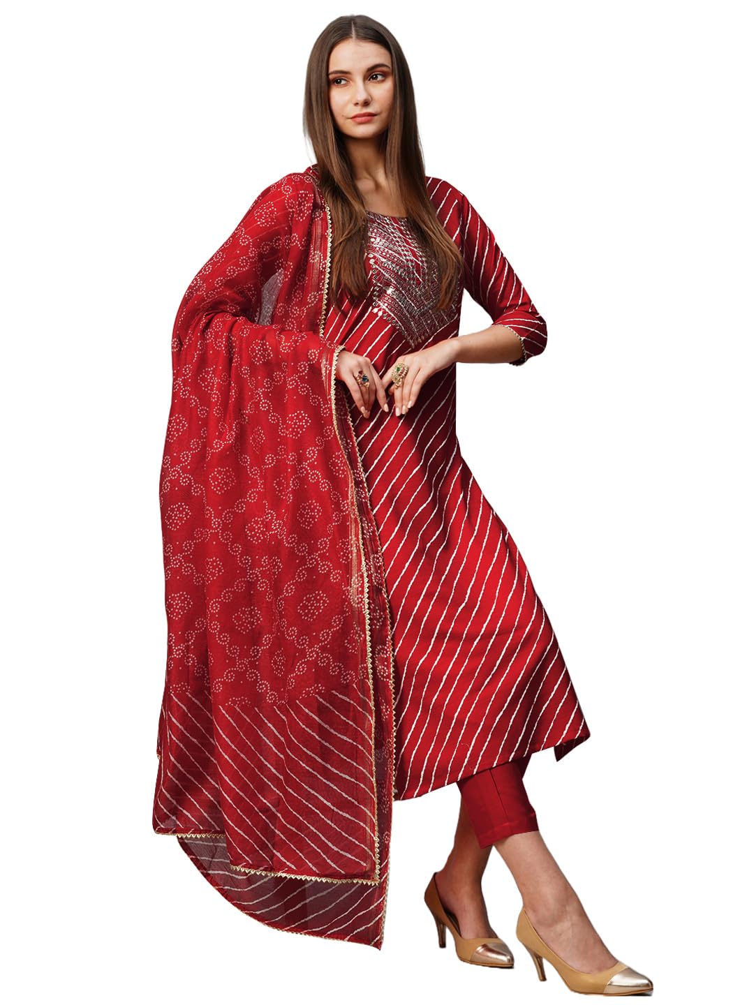 Gosriki Women'S Cotton Blend Straight Printed Kurta With Pant & Dupatta (Doremi-Pink-Kbv-Gs_Xl_Pink_X-Large),Pink,,B0CNLXY5CX