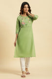 W For Woman Green Cotton Floral Printed Regular Kurta With Lace Detail Spring Green S