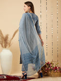 Anni Designer Women'S Cotton Blend Printed Straight Kurta With Pant & Dupatta (Nihira Blue-Brt_M_Blue_Medium),Blue,M,Cotton Blend,Regular,Dupatta