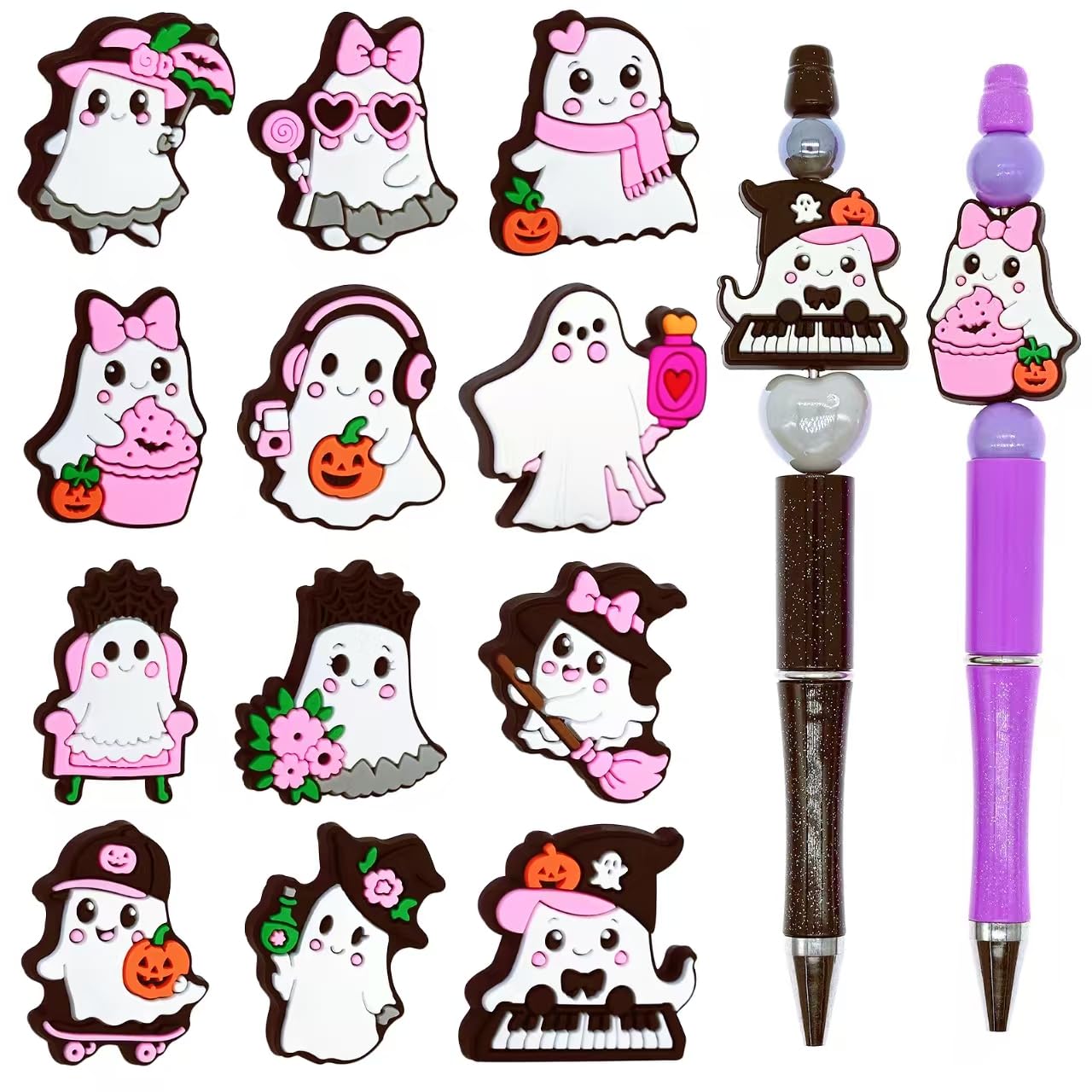 Papacharms 12pcs Pink Halloween Focal Beads for Pens Silicone Spooky Focal Beads for DIY Pens,Necklace, Keychains & Bracelets fo