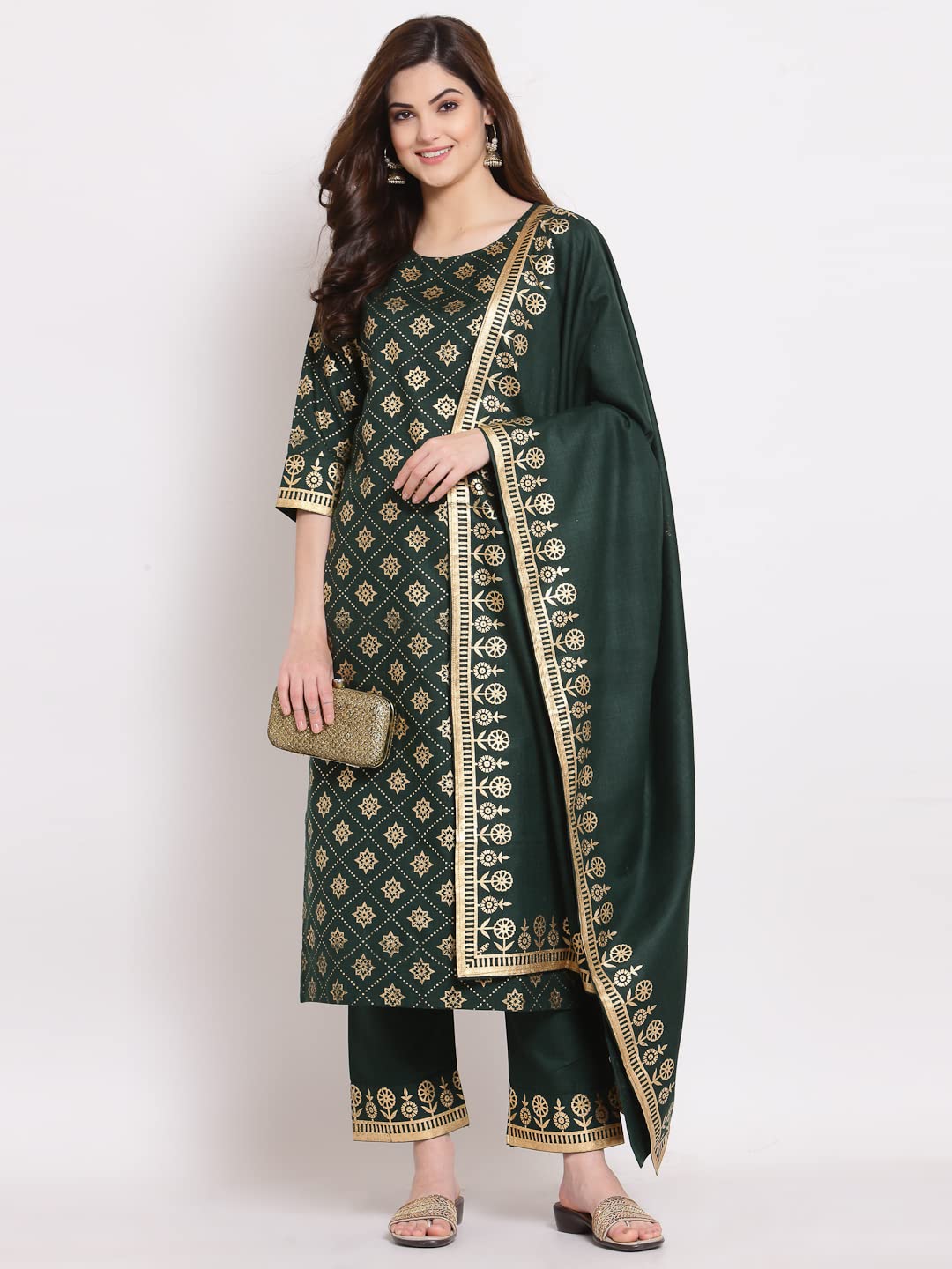 Anni Designer Women'S Straight Cotton Kurta With Palazzo & Dupatta (Navlik-Dark Green-001_S_Dark Green_Small),Dark Green,S,Cotton,Straight,Dupatta