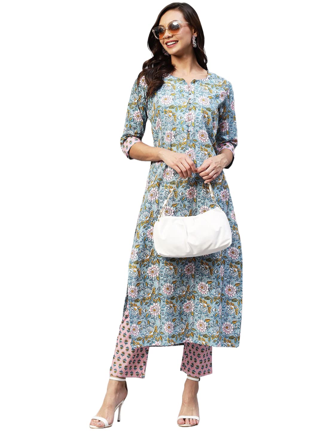 Gosriki Women'S Cotton Blend Straight Printed Kurta With Palazzo (Nampati Blue_S-Go_Blue_Small),Blue,,B0B9XZBX4K