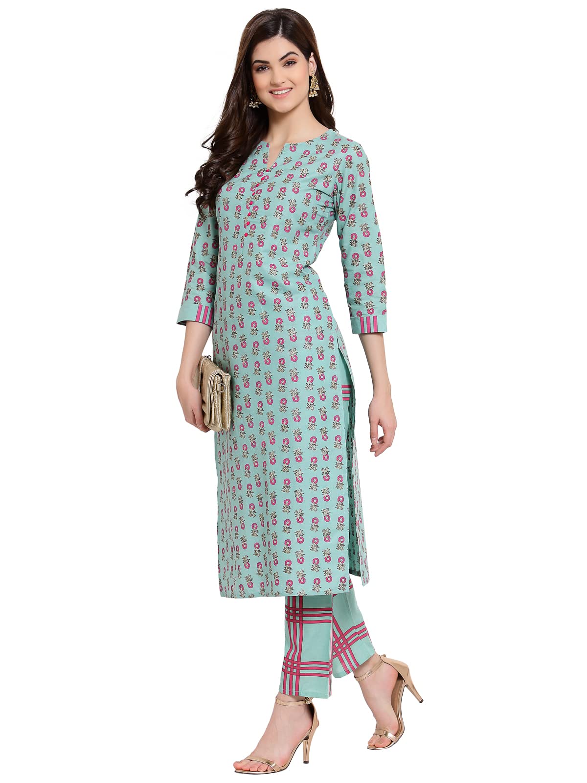 Anni Designer Women'S Cotton Straight Kurta With Pant (Kpt-Cot-10029-Sea Green_Xxl_Sea Green_Xx-Large),Sea Green,2XL