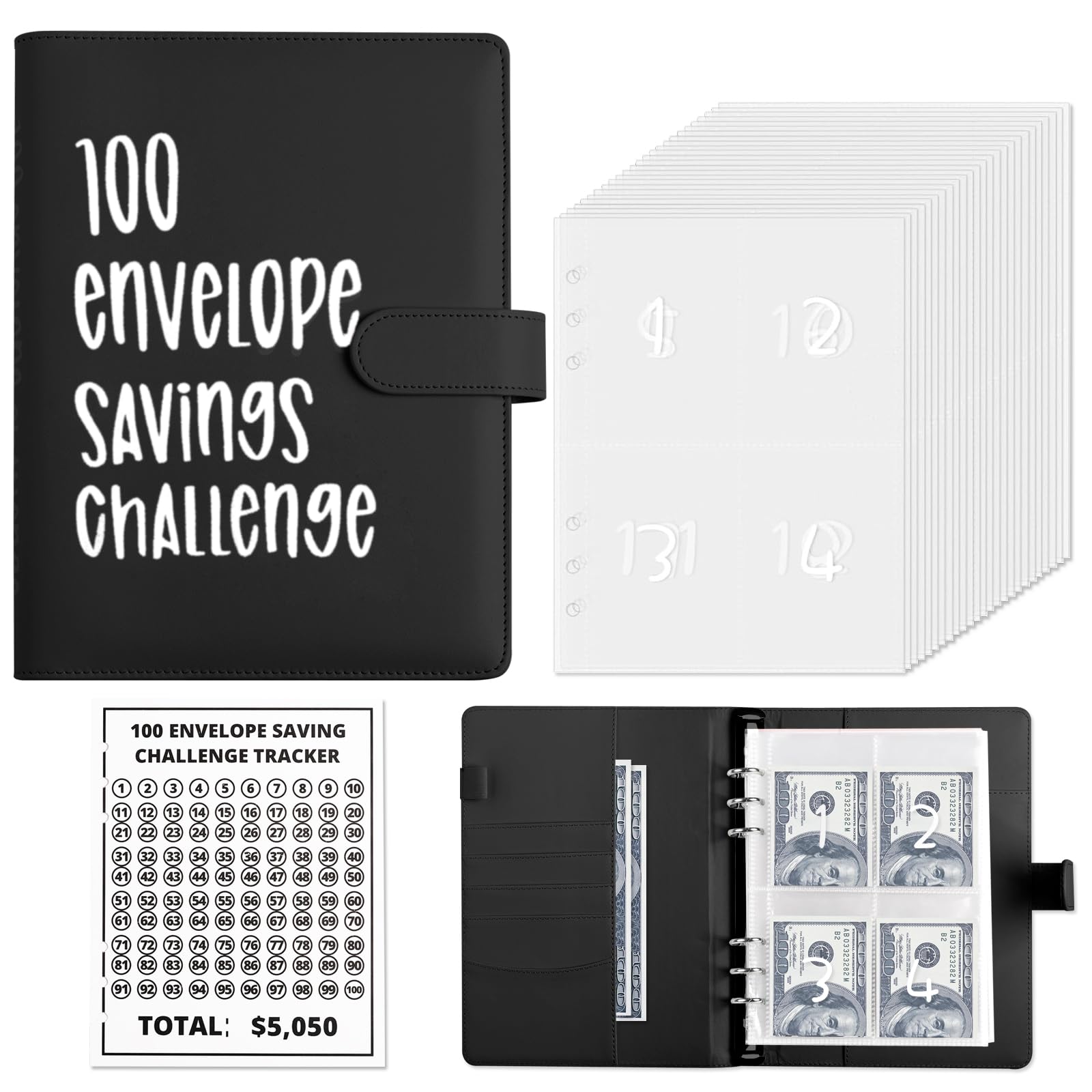 ChillyFar Money Saver Budget Binder Book with Pouches, 100 Envelope Challenge Binder with Numbers, A5 Money Budget Envelopes for