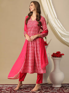 Gosriki Women'S Cotton Blend Printed Straight Kurta With Pant & Dupatta (Manchali-Rani-Nw-Gs_M_Pink_Medium),Pink,,B0D3BWYHPC