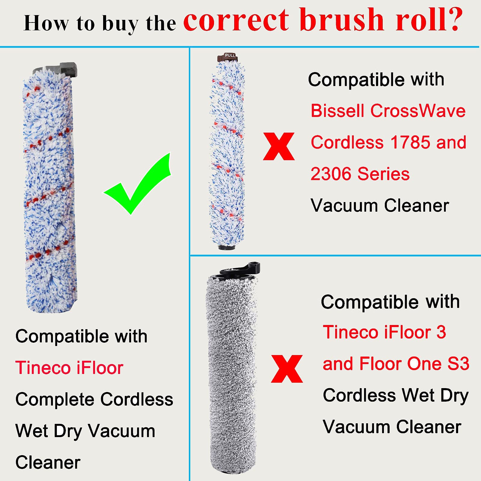 Cyorka Replacement Brush Roller and Vacuum Filter Compatible with iFloor Wet Dry Cordless Vacuum Cleaner Accessories(3 Brush Rol