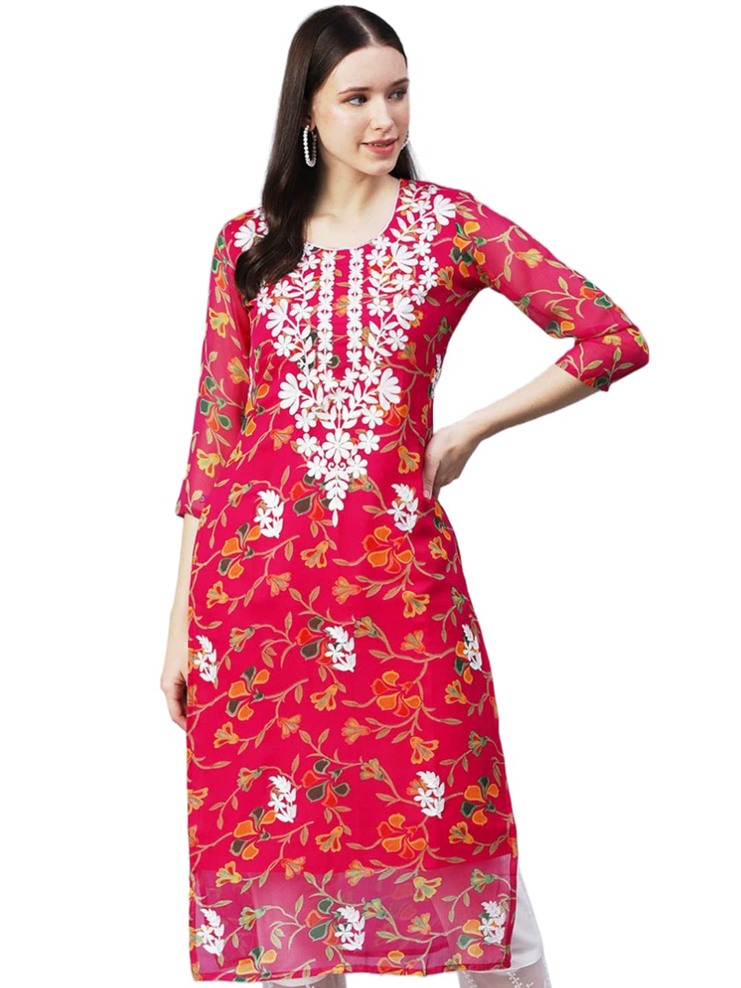 Gosriki Women'S Printed Georgette Chikankari Embroidered Kurti (Gori-Dark Pink-Nw-Gs_M_Dark Pink_Medium),Dark Pink,,B0BRV61W6N