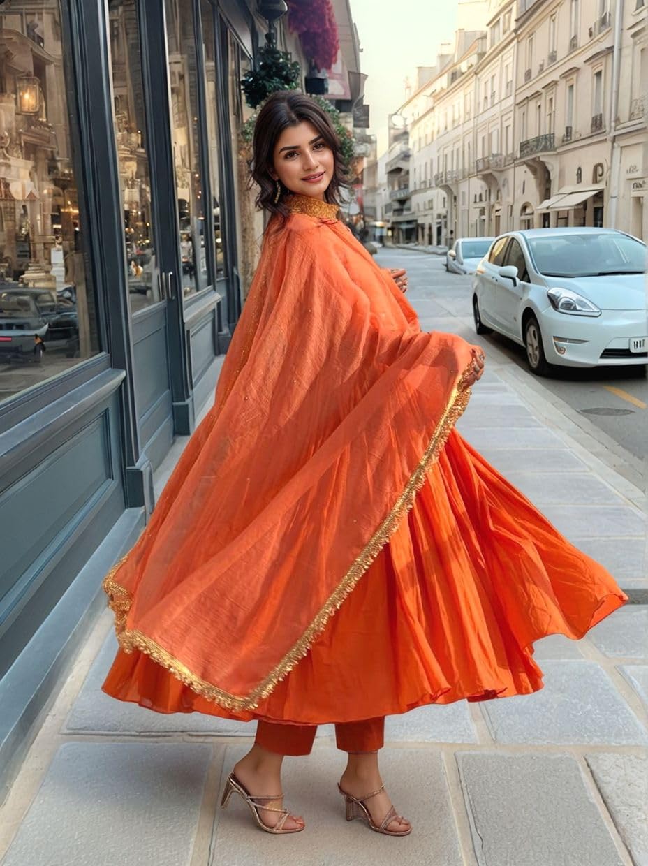 Anni Designer Women'S Rayon Viscose Anarkali Solid Kurta With Pant & Dupatta (Garbo Orange-Vks04_3Xl_Orange_Xxx-Large),Orange,3XL,Rayon Viscose,Anarkali,