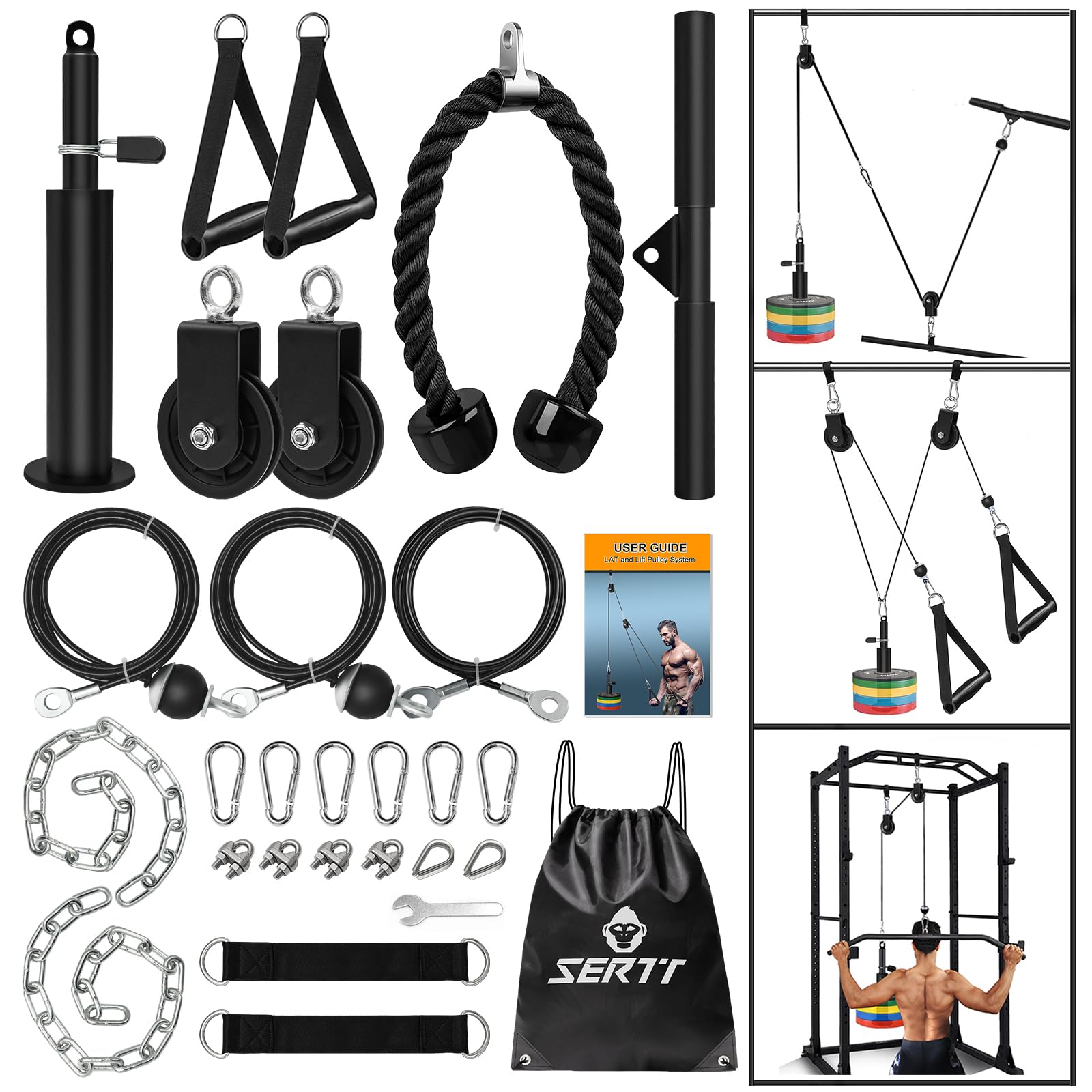 SERTT Weight Cable Pulley System Gym, Upgraded Cable Pulley Attachments for Gym LAT Pull Down, Biceps Curl, Tricep, Arm Workouts
