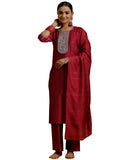 Libas Gerua Womens Yoke Design Silk Blend Straight Kurta With Trousers And Dupatta