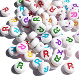Yiizzxin 200pcs Colorful Acrylic Letter R Beads,4x7mm Round Flat Multicolor Letter R Beads,White Background Mixed Color Alphabet